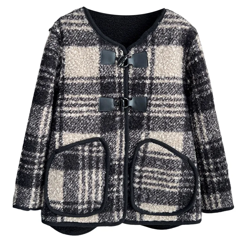 Chic Fleece-lined Woolen Coat Women 2024 Plus Size Autumn Winter Loose Casual Plaid Jacket 694