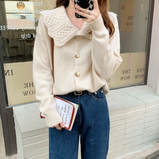 

Beige Solid Color Lady Knitting Girl Woman Blouse Shirt Women Sweater Cardigan Knit Fall Top Women's Sweaters Coat Cloth Suétere