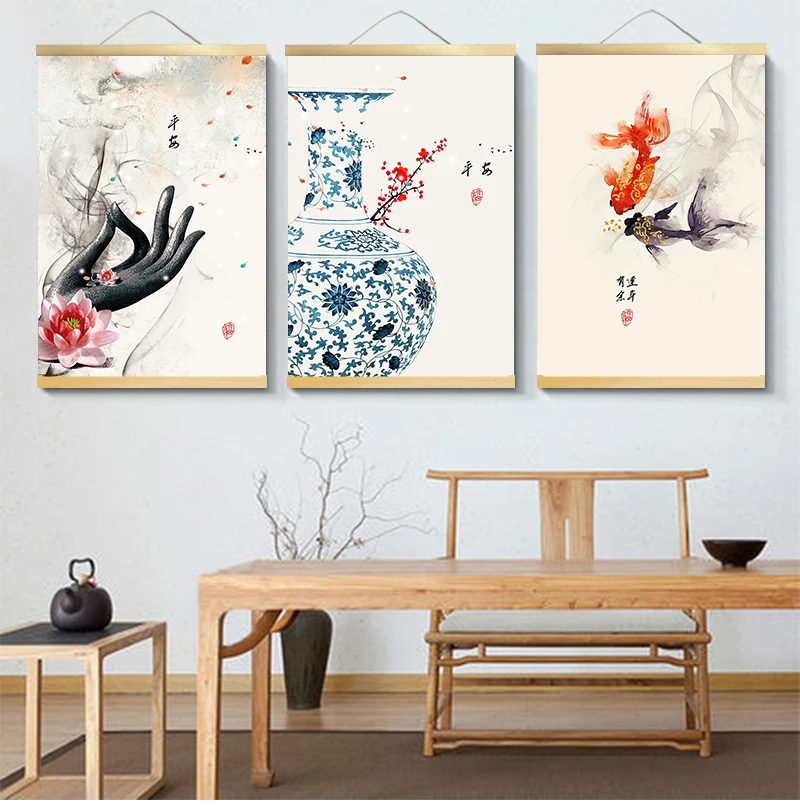 

Chinese Classical Style Ancient Canvas Painting Poster Wall Art with wood hanging scrolls for living room vintage room decor