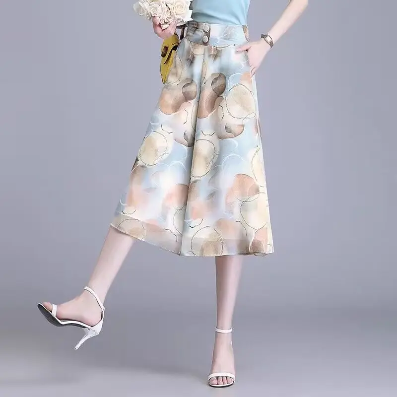 Elegant Printed Elastic High Waist Chiffon Floral Wide Leg Pants Women's Clothing 2024 Summer New Loose Office Lady Capri Pants