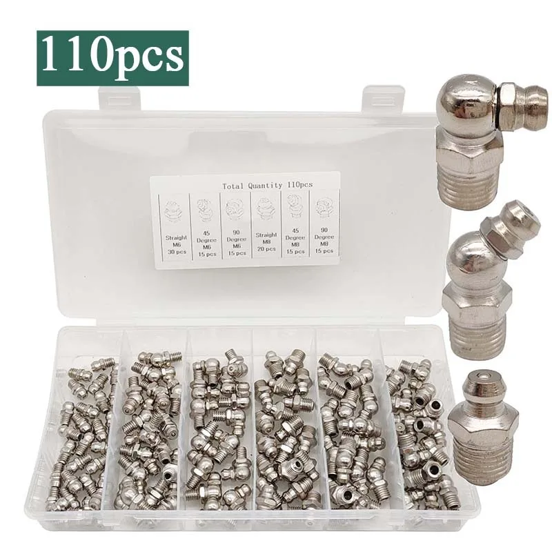 110Pc SAE Grease Fittings Kit M6 M8 1/4" 1/8" Straight 45 90 Degree Metric Fittings Nipples kit Galvanized Steel Grease Zerk Kit car accessories auto fasteners auto accessories