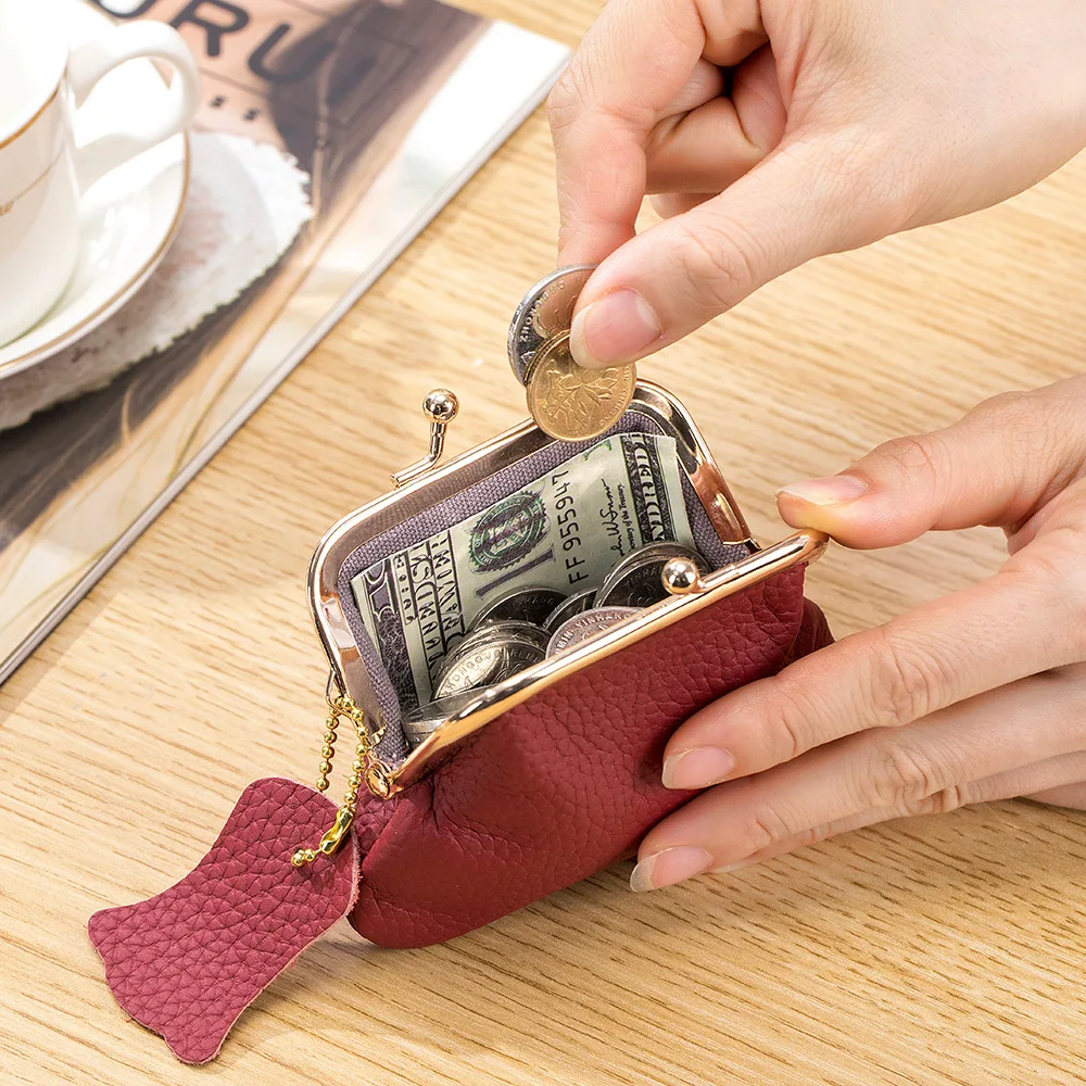 Kiss Lock Clasp Buckle Coin Purse Women First Layer Cowhide Mini Wallet  High Quality Genuine Leather Portable Small Money Bag