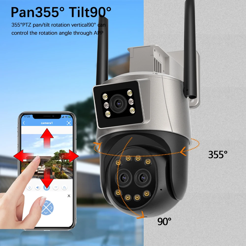 ICSEE 스마트 홈 PTZ 와이파이 카메라, 양방향 오디오, 무선 360 ° 야외 감시 IP 카메라, 3 렌즈, 8X 줌, 자동 추적, 9MP