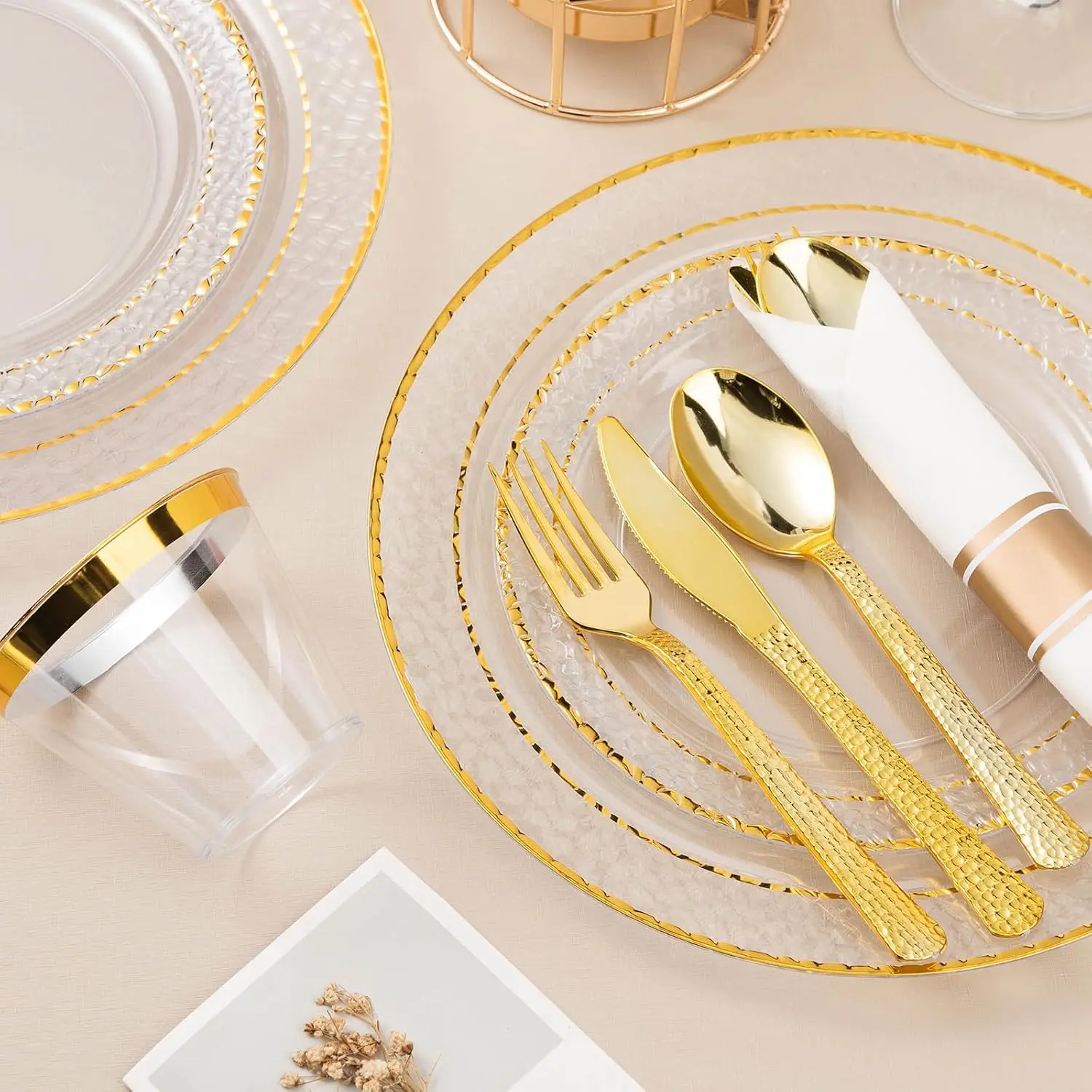 350PCS Clear Plastic Plates with Gold Trim for 50 Guests Disposable Dinnerware Set for Party Includes 100 Plastic Plates