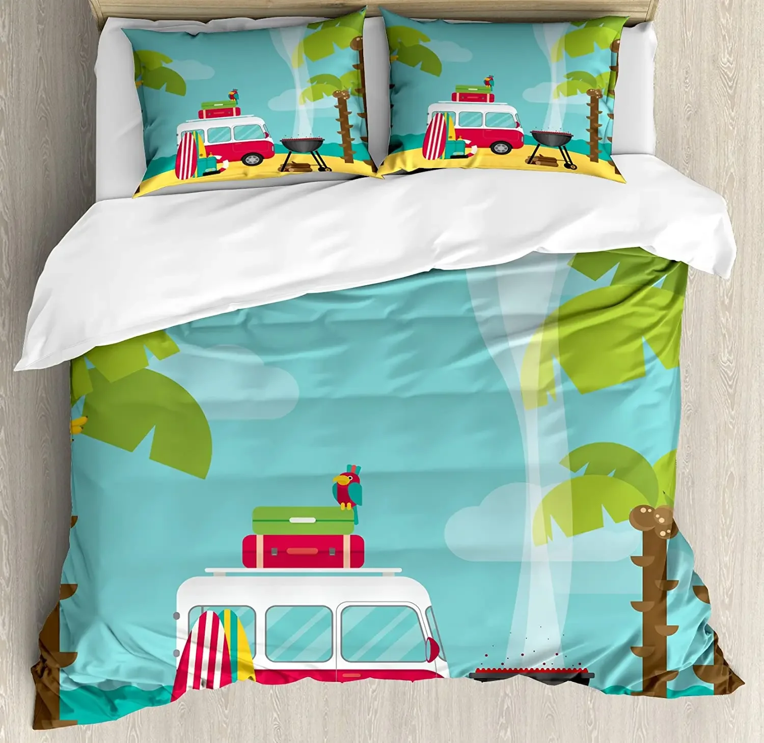 

Explore Bedding Set Comforter Duvet Cover Pillow Shams Caravan Camping with Barbeque and Surf Board Bedding Cover Double Bed Set