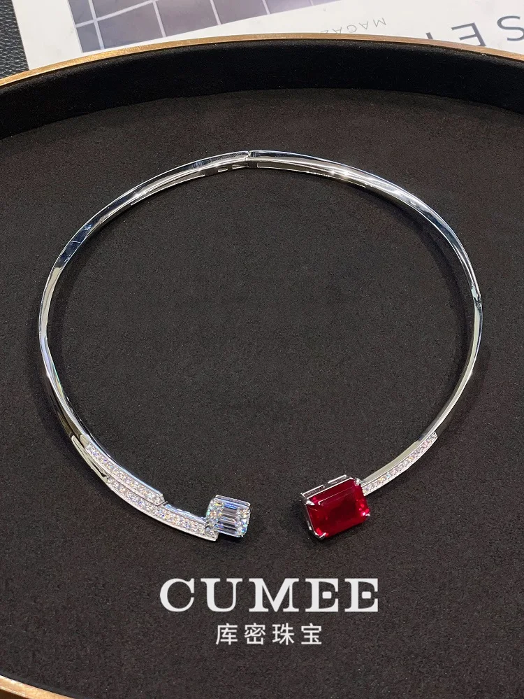 CUMEE Large Carat T-shaped Design Cultivation Synthetic Ruby Collar Necklace Open 925 sterling Silver Gold Plating 4