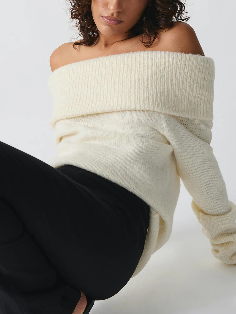Women Off Shoulder Sweaters Long Sleeve Ribbed Knit Going Out Fall Tops Blouse Solid Color Boat Neck Loose Knitwear Pullover 6