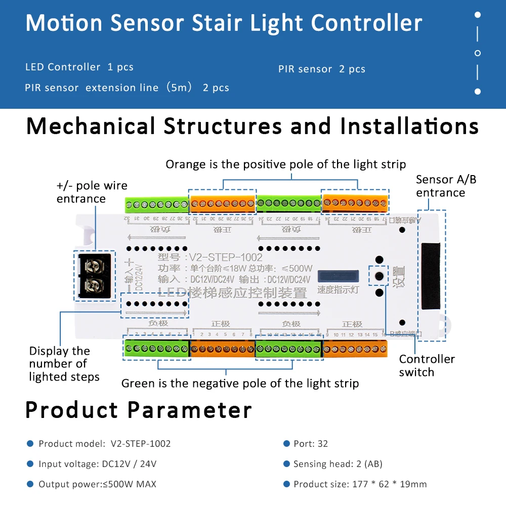 Controlador de escalera LED PIR, Sensor de movimiento, 12V, 24V, 32 canales, luz nocturna, control de escalera para tiras flexibles de un solo Color