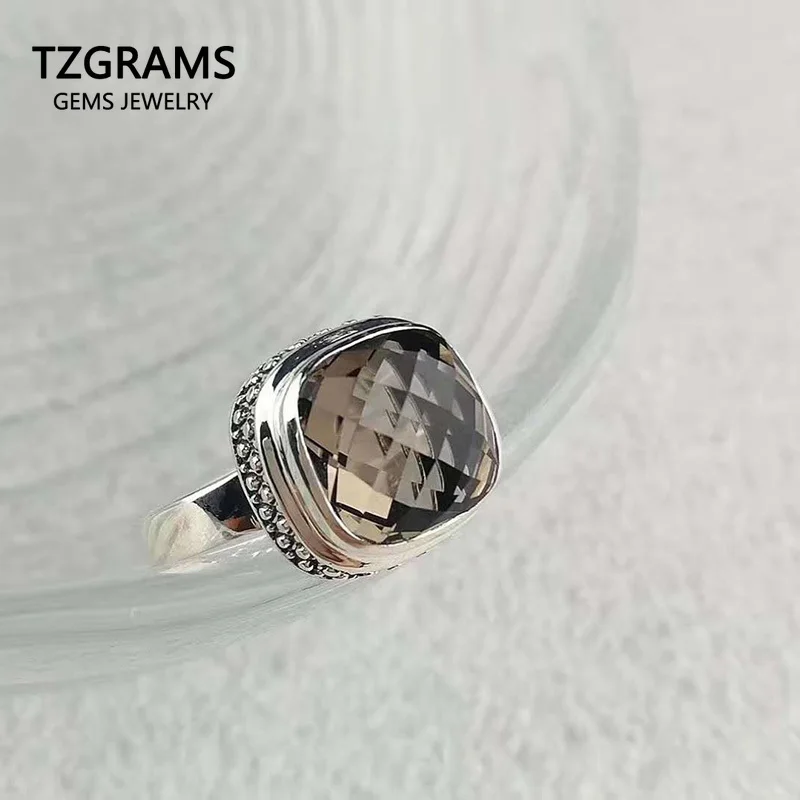 

Genuine Solid Silver 925 Ring Party Women Rings Smoky Quartz Faceted Natural Stone Resizable Fine Jewelry Bague Femme