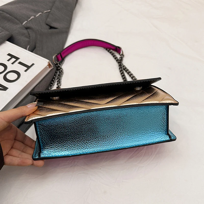 Women's K-G Colorful Splicing Chain Bag Fashionable And Versatile Grid Embroidery Bag Single Shoulder Crossbody