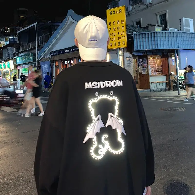 Bear Hoodies Fashion Harajuku Sweatshirt Women Long Sleeve Loose Couple Wear Reflective Devil Pullover Female Kawaii Tops Y2k