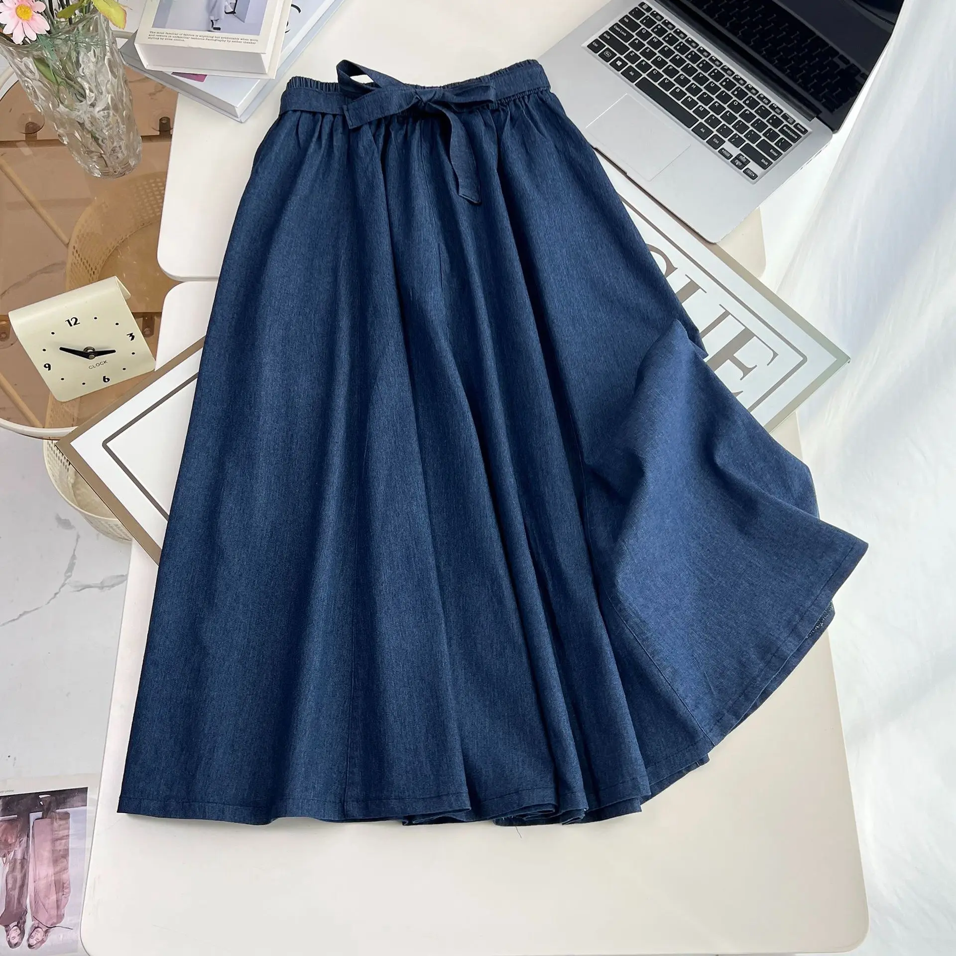 Fashion Plus Size Women's Denim Skirt 2025 Autumn New Style Casual Drawstring High Waisted Mid Length A-Length Skirt 572