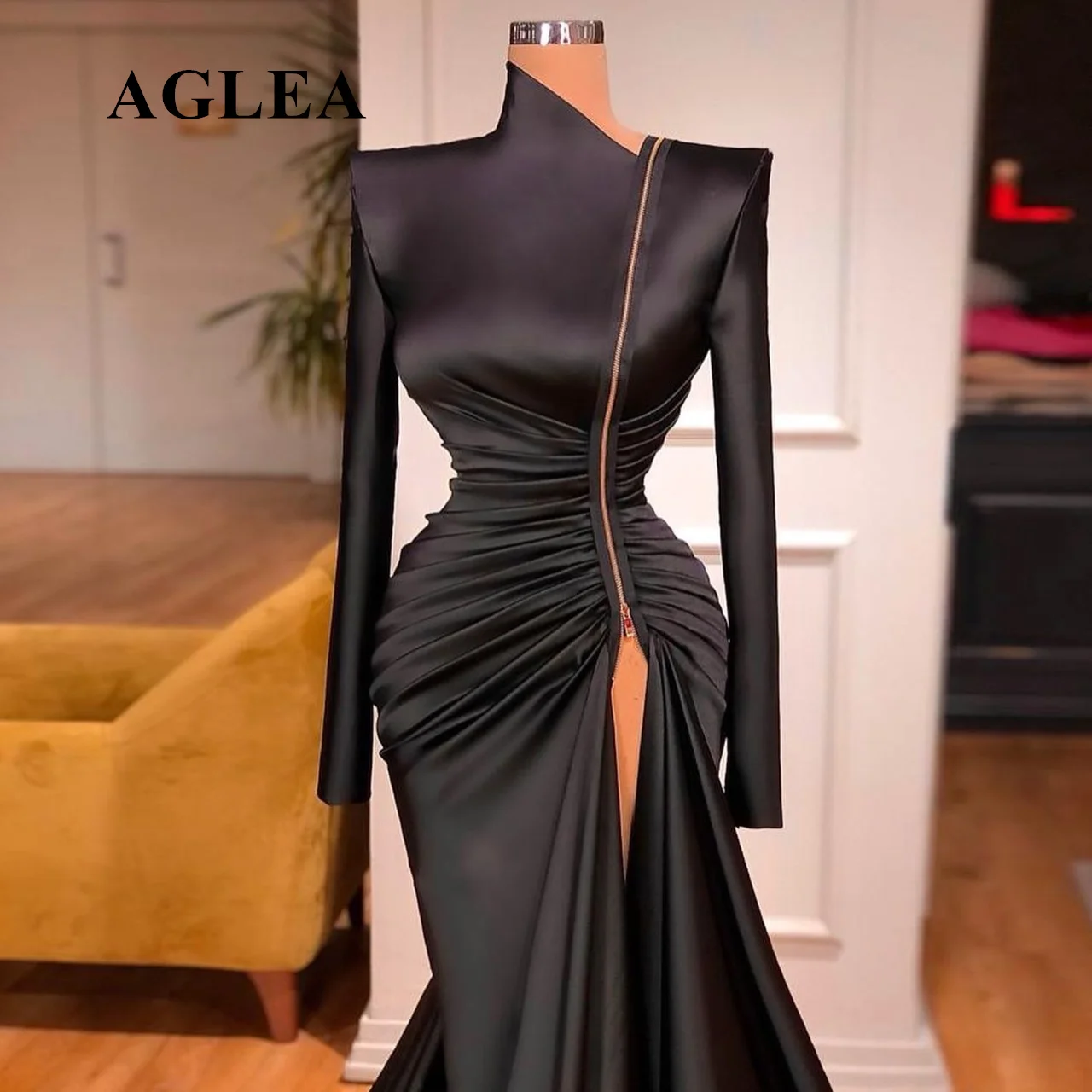 

Elegant Black High Neck Mermaid Prom Dress Side Slit Special Zipper Design Pleated Evening Women Gown Custom Made Robe De Mariée