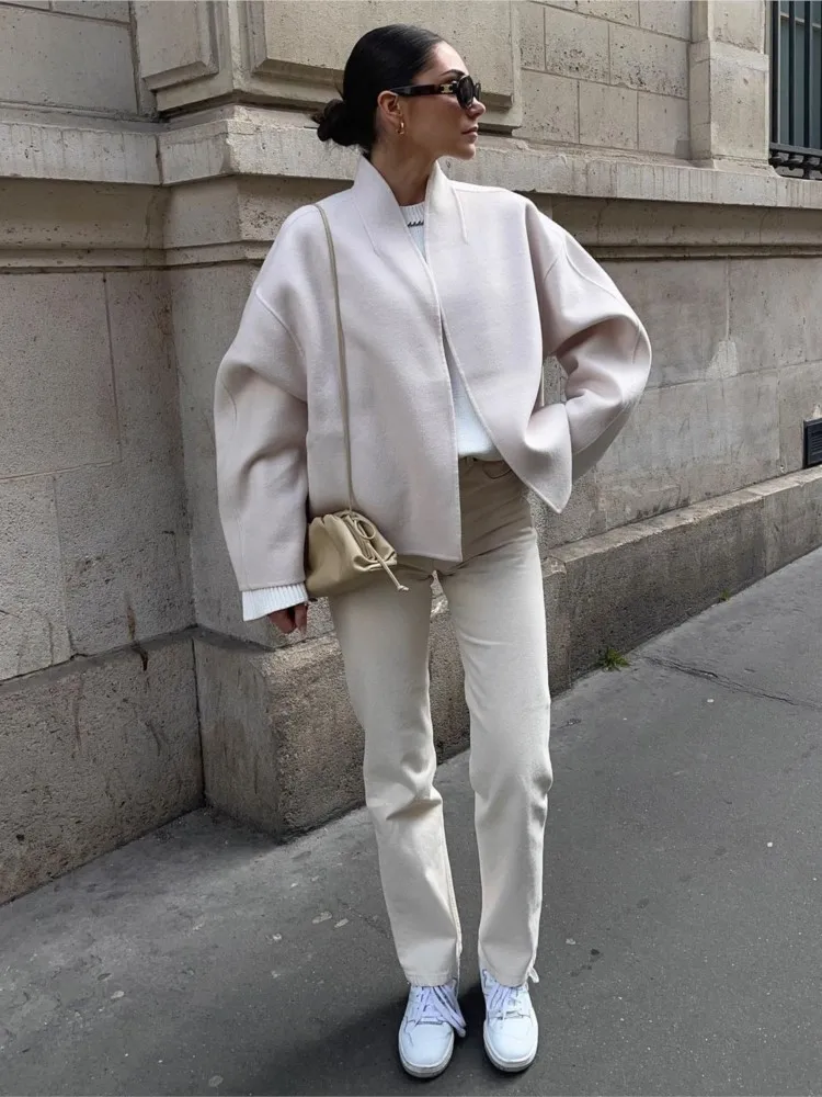 

Long Sleeved Stand Neck Solid Cardigan Jacket Women Fashion Casual Loose Outwear 2023 Autumn Winter Thick Warm Vintage Overcoat