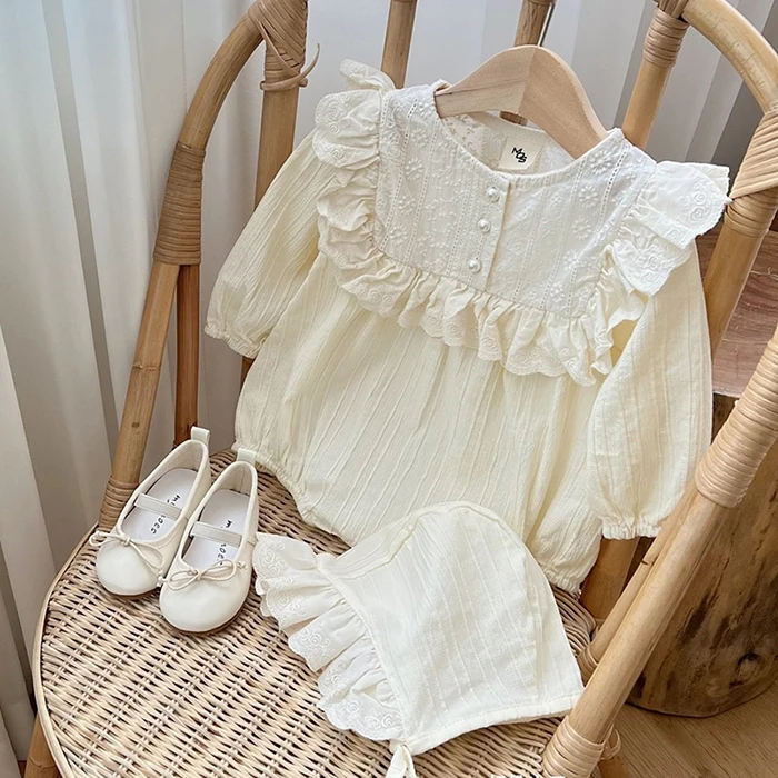 Herbst Baby Kleidung Kleinkind Baby Mädchen Romper + Hut Rüschen Kleidung Langarm Baumwolle Spleißen Frühling Infant Baby Mädchen Overall – Detail 7