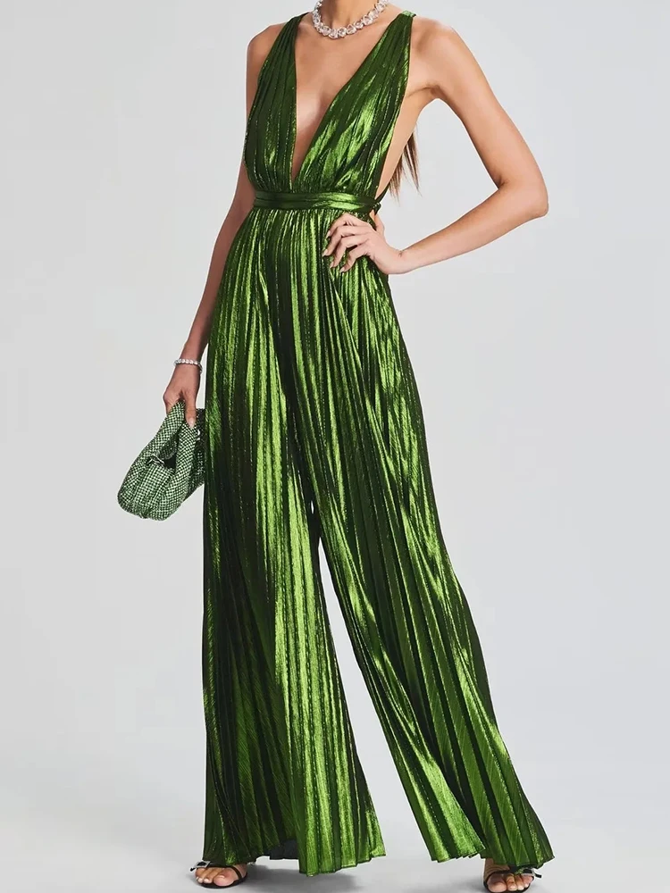 

2023 Sexy Lady Fashion Backless High Waist Green Jumpsuits Womens Vintage Pleated Shiny Long Suit Pants Girls V-Neck Loose Suits