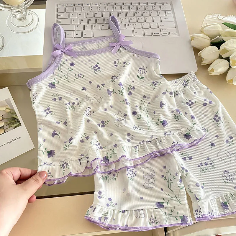 Neue Sommer Kinder Homewear Set 1-7T Süße Floral Mädchen Leibchen + Shorts Cartoon Bär Kinder Haushalts Kleidung – Detail 7