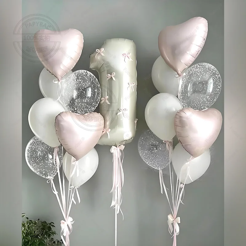 32 Zoll große rosa Schleifen-Zahlenballons, cremeweiße beige Zahlen-Folienballons, rosa Schleifen für Geburtstagsfeiern im Coquette-Stil.