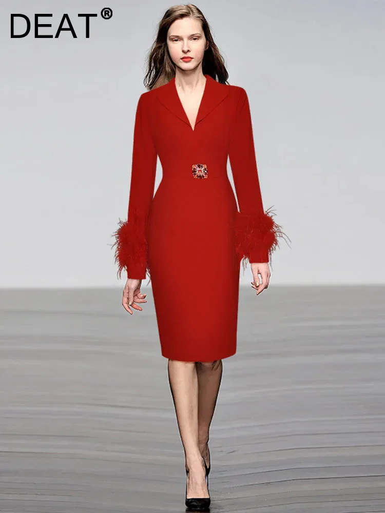 

DEAT Women Fashion Office Lady Dress Long Sleeve Diamond Bordered Waist Feathers Burrs Elegant Dresses Spring 2024 New 13DB4699