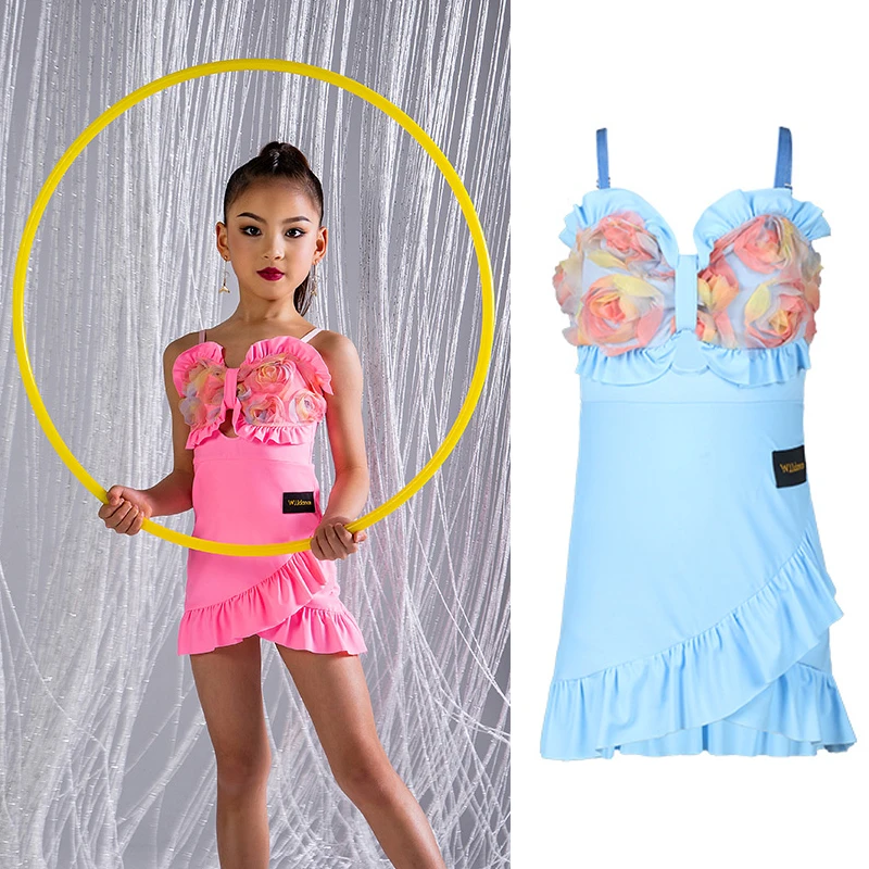 

Blue Pink Ruffled Latin Dance Dress Girls Sleeveless Dancing Dresses Kid Ballroom Dance Competition Dress Stage Dancewear SL8171