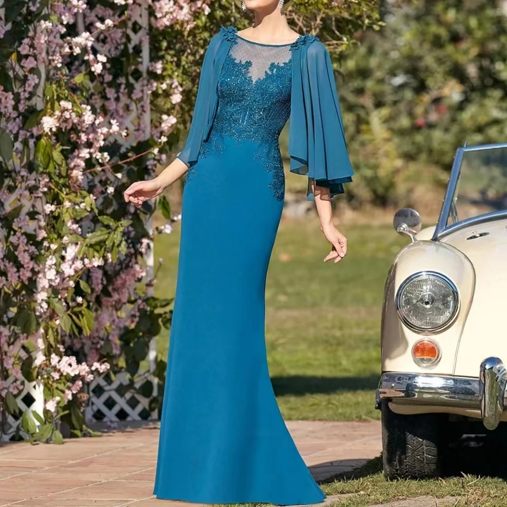 

2023 Half Sleeve Chiffon Mother Of Bride Dresses Lace Appliqué Women Long Prom Gown Mermaid Plus Elegant Arabian Party Dresses