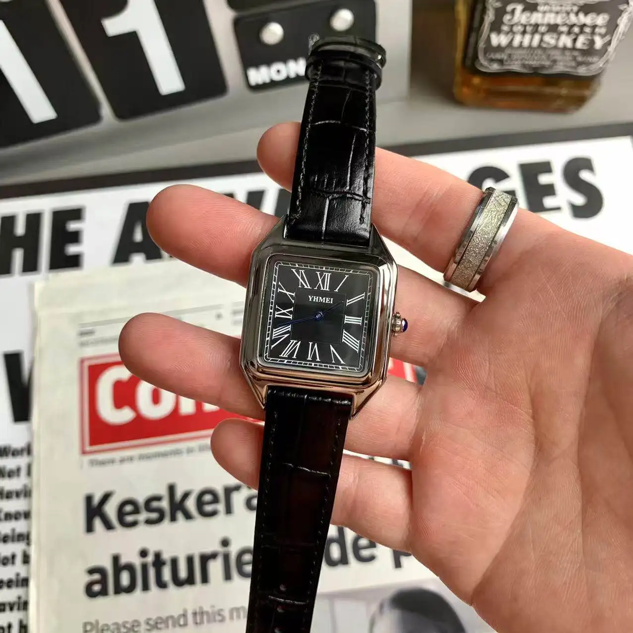 Luxury Watch for Men Square Rectangle Reloj Sliver Orologio Black Leather Strap Stainless Steel Quartz Wristwatch Male Man Clock