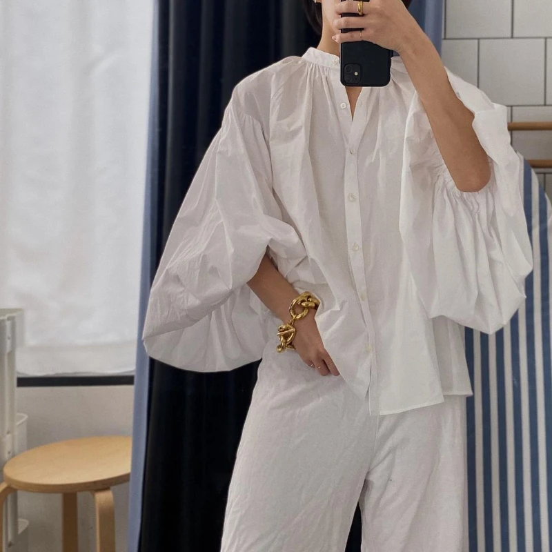

Весенняя однобортная Свободная Женская рубашка WAKUTA 2024, повседневные ленивые Блузы с воротником-стойкой, рубашка во французском стиле ретро с рукавами-фонариками