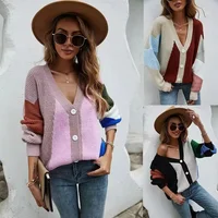 CPSYMYM V-Neck Color Matching Design Sweater Long-Sleeved Knitted Top Women's Knitted Sweater Cardigan Autumn Winter New Fashion 1