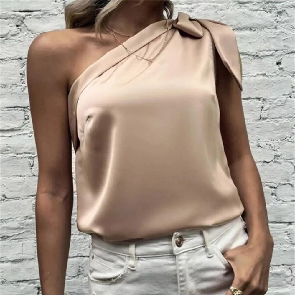 Sleeveless Smooth Satin Women Top Sexy One Shoulder Bowknot Pullover Top Female Clothes Elegant Blouse Ropa De Mujer топ женский женский симпатичный косплей эластичный кружева bowknot бедро нога кольцо бант подвязки ремни