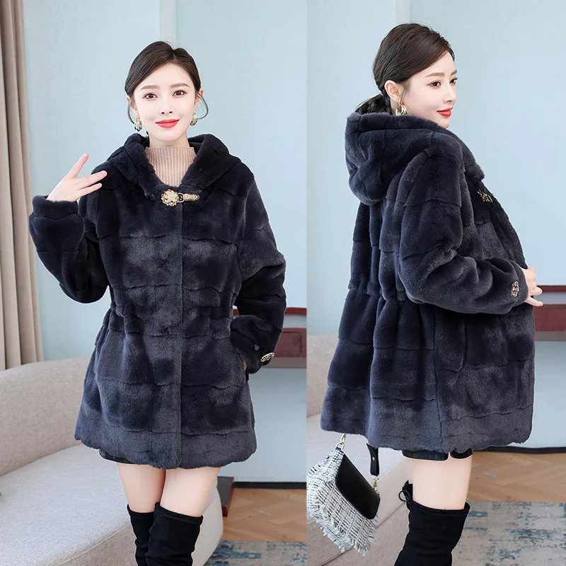 Mink Fleece Jacket Women Imitation Fur Medium Long Hooded Rhinestone Waist Fashion Coat