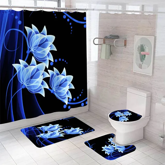 Rose Flower Shower Curtain Set Non-Slip Rugs Bath Mat Toilet Lid Cover and 12 Hooks Waterproof Polyester Bathroom Decor G-4pcs- Full Set