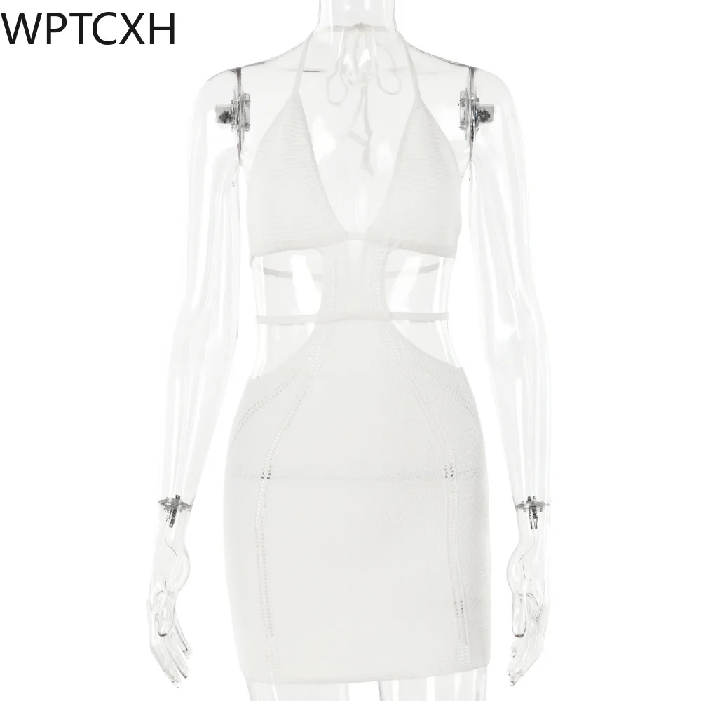 

2024 Spring/summer New Knitted Sweater Dress Sexy Pure Wind Spice Girl Halter Halter Strap Skirt Summer Vacation Short Dress