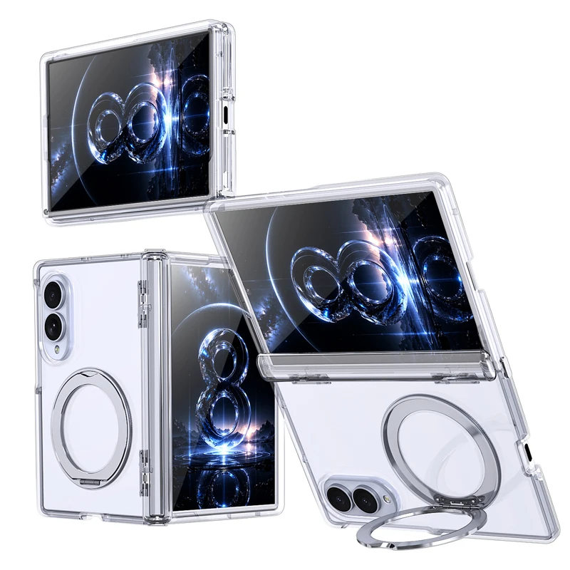 Shockproof Magnetic Transparent Protective Case with Folding Ring Stand and Hinge Protection