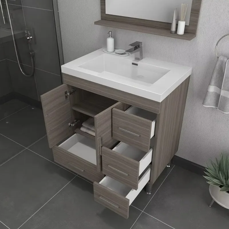 CBMmart Wood Plywood 61cm 24inch White Oak Hanging Washroom Cabinet Bathroom Vanity Furniture Sets with Led Mirror for home