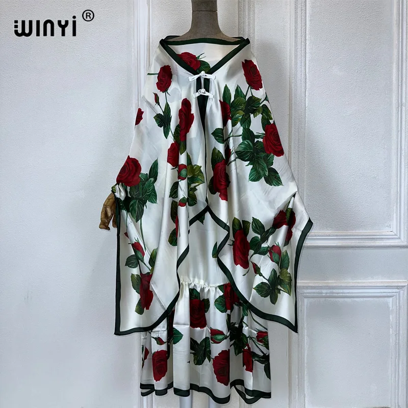 

WINYI summer Elegant Fashion evening dress abaya muslim woman abaya dubai luxury Female loose Print kaftan with scarf two pcs