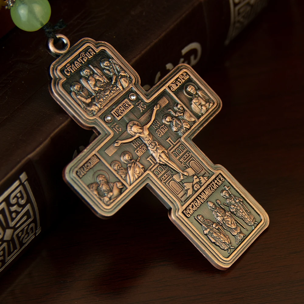 HTISOK Orthodoxe Halskette mit Holzperlenkette Kruzifix Gold Holz Rosenkranz Perlenkette Religiöser Jesus Gebetsschmuck – Detail 7