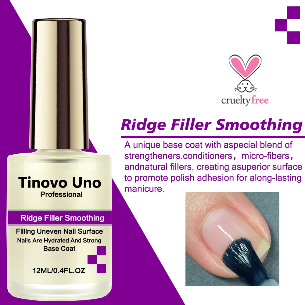 Tinovo Uno Ridge Filler Smooth Base Coat Keratin Nail Strengthener Imperfections Concealer 12ML Manicure Repair Damaged Nails