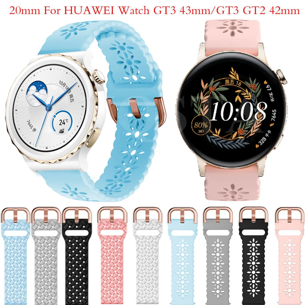 

Новинка, женский кружевной силиконовый ремешок 20 мм для Huawei Watch GT 2 GT3 42 мм, спортивный ремешок для часов GT3 Pro 43 мм, сменный Браслет для наручных часов