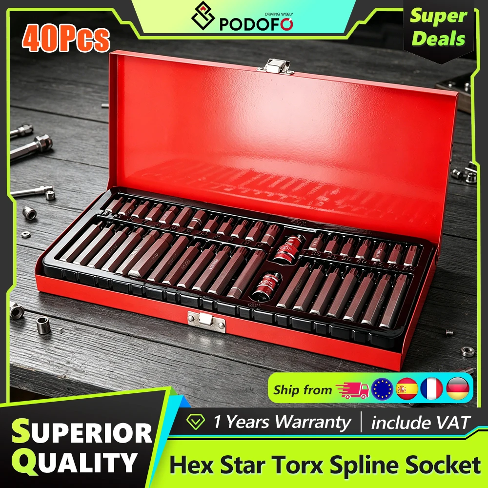 Podofo 40-teiliges Steckschlüssel-Set, Autoreparatur-Werkzeug, Sechskant-Stern-Torx-Spline, Schlagschrauber-Bit-Set für Auto-Reparatur, Professionelles Metallbearbeitungs-Kit