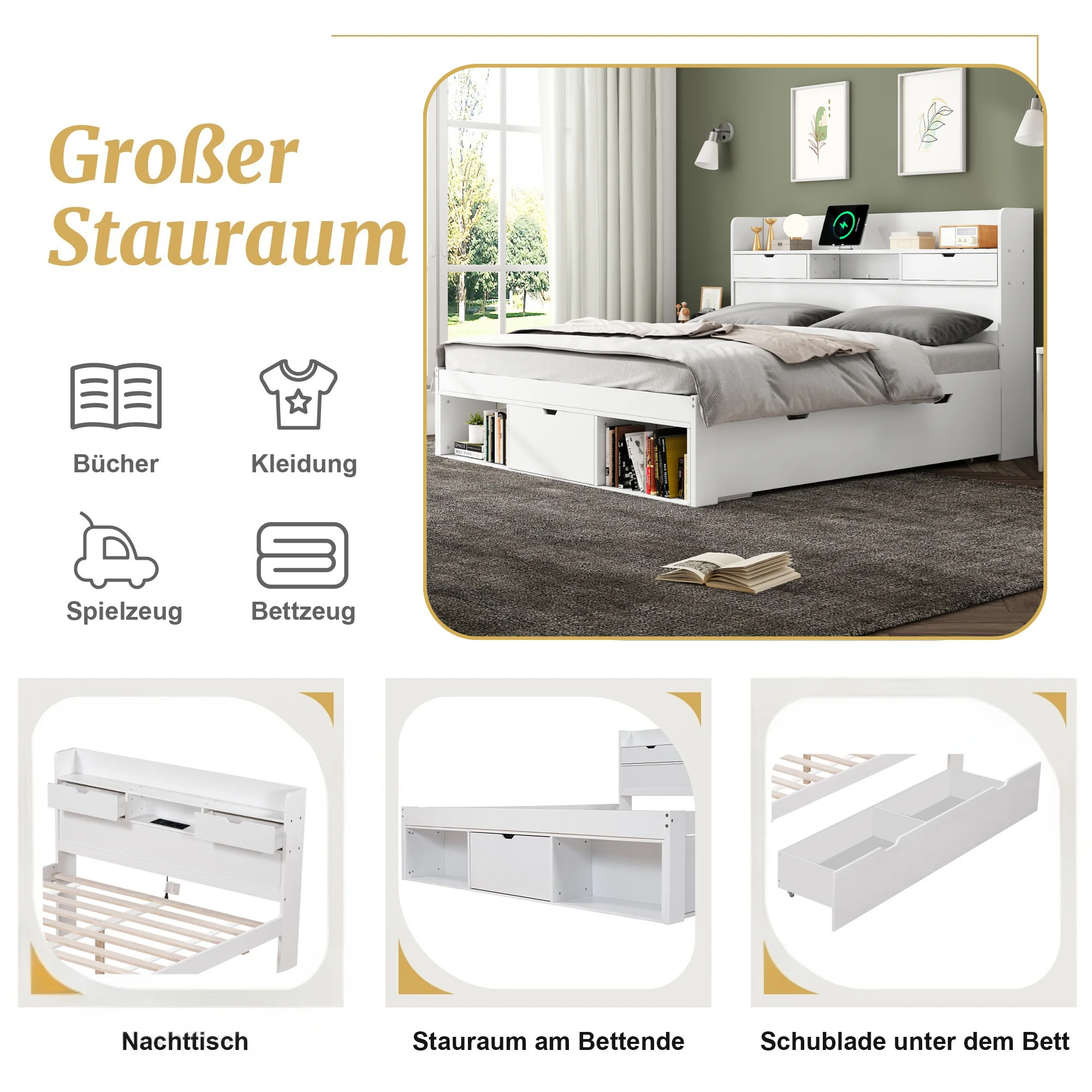 KOMHTOM Weißes multifunktionales Doppelbett mit USB Anschluss Schubladen und Stauraumschrank großer Stauraum ohne Matratze – Detail 4