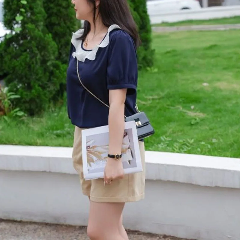 Minimalist Commuter Summer New Women's Blouse Contrast Color Spliced Ruffles Shirring Short Sleeve Elegant Loose Chiffon Tops