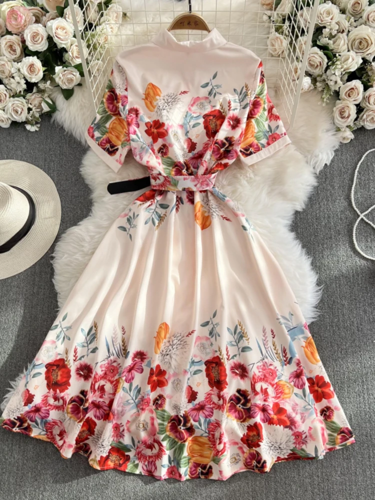 Women Elegant Party Dress Summer Printed Floral Slim French Bubble Sleeve  Vintage Midi Dresses Ladies A-line Belt Long Robe - AliExpress 200000345