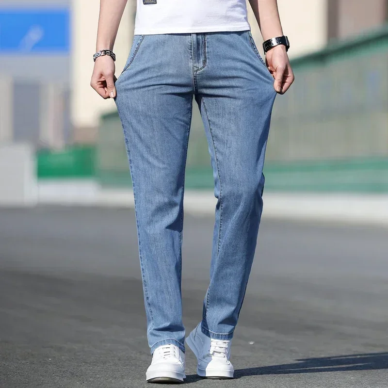 2025 Summer New Men's Loose Gray Jeans Fashion Casual Stretch Straight-leg Denim Pants Male Light Blue Men's Trousers 4