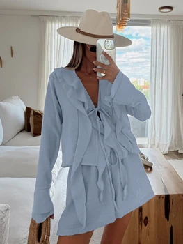 Marthaqiqi Casual Women Pajamas Suit Lace Up Sleepwear Sexy V-Neck Nightgowns Crop Top Nightwear Shorts Loose Ladies Nightie Set