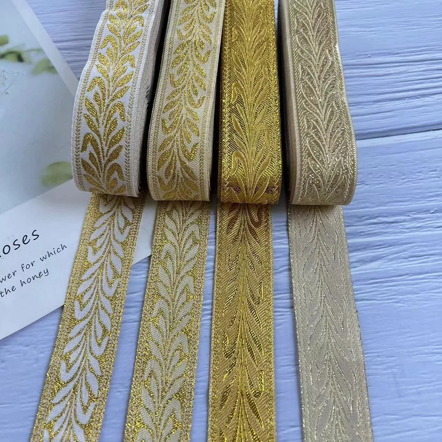 7 Meters /Lots Woven Jacquard Ribbon 2.5 cm  gold yellow Color Flowers Leaves Pattern  For Clothing Straps Accessory IS-3279