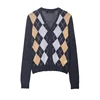 Women's Jacket 2025 Autumn New Arrivals Color-Block Diamond Pattern Long-Sleeve Knit Cardigan Jacket Casual Fashion Versatile