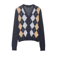 Women's Jacket 2025 Autumn New Arrivals Color-Block Diamond Pattern Long-Sleeve Knit Cardigan Jacket Casual Fashion Versatile