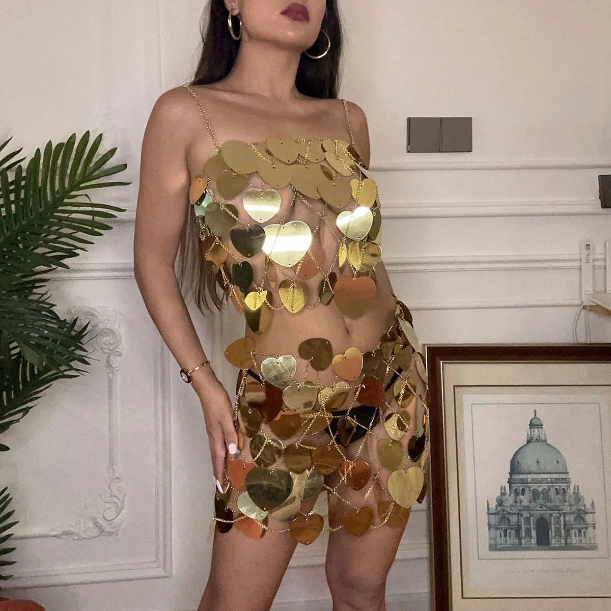

Fashion Sexy Sheer Sequin Two Piece Set For Women 2023 New Festival Party y2k Metal Chain Patchwork Women's Skirt Outfits Sets