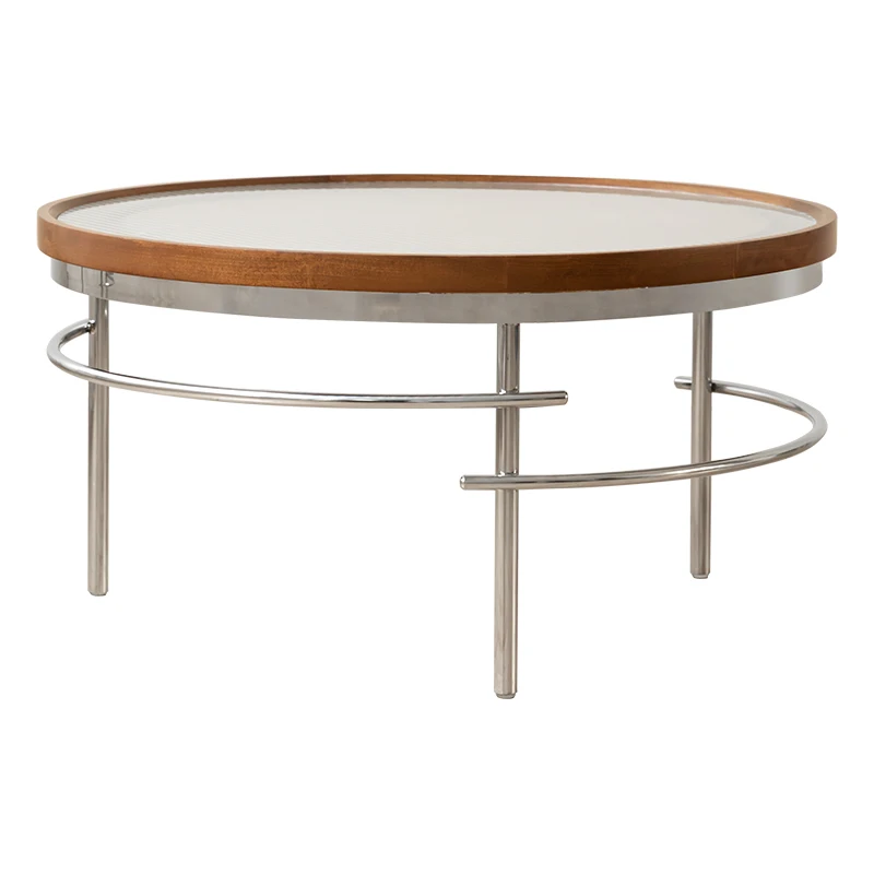 

YY Solid Wood Tea Table Simple Stainless Steel Side Table Retro Combination Glass Tea Table