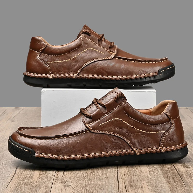 Retro Style Men Leather Casual Shoes Handmade Breathable Men's Loafers Fashion Man Walking Sneakers Simple Comfy Hiking Footwear 2
